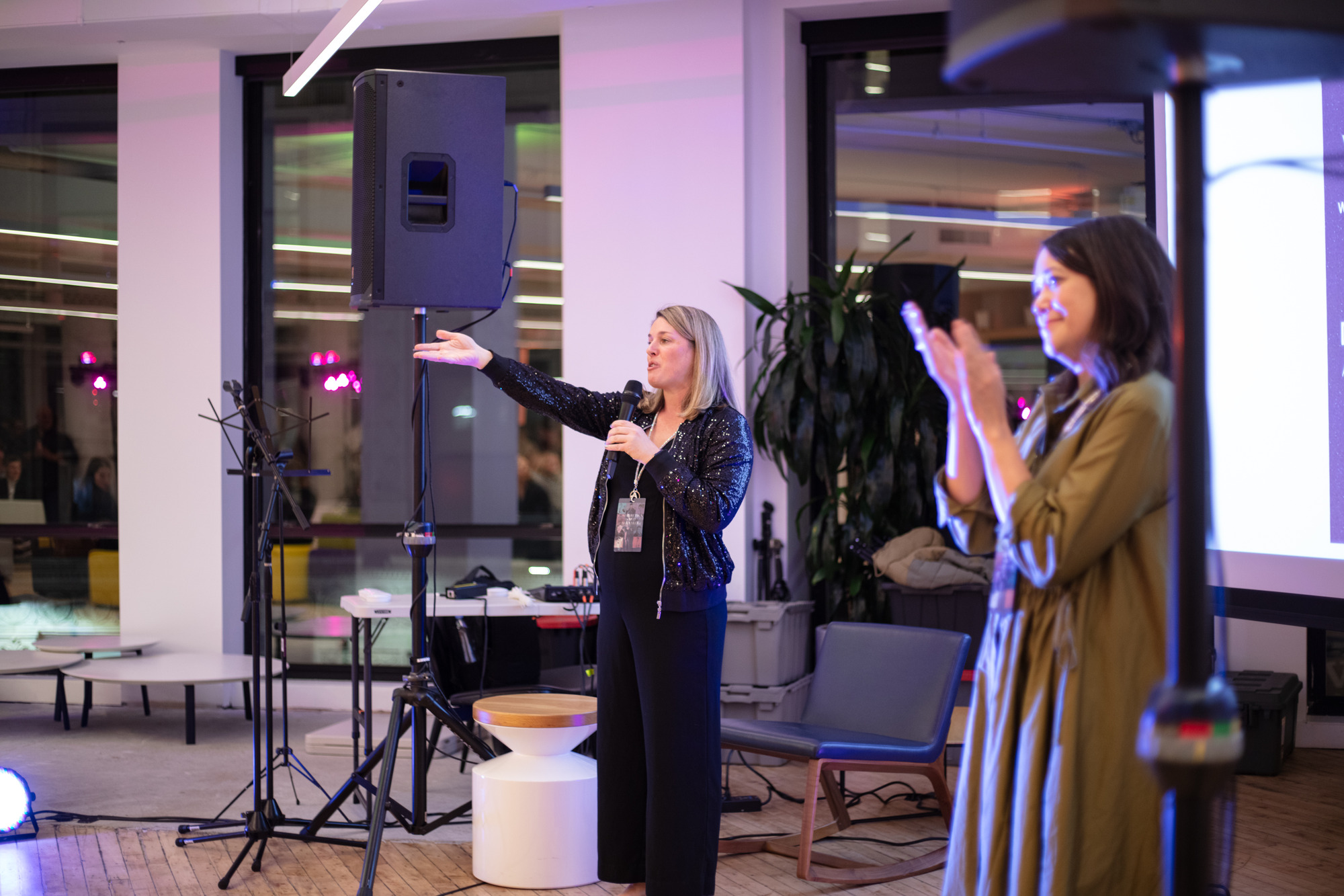 Photo of Sasaki Foundation Executive Director Jennifer Lawrence and Board of Trustees Chair Mary Anne Ocampo welcoming attendees to the 2023 Celebration of Design